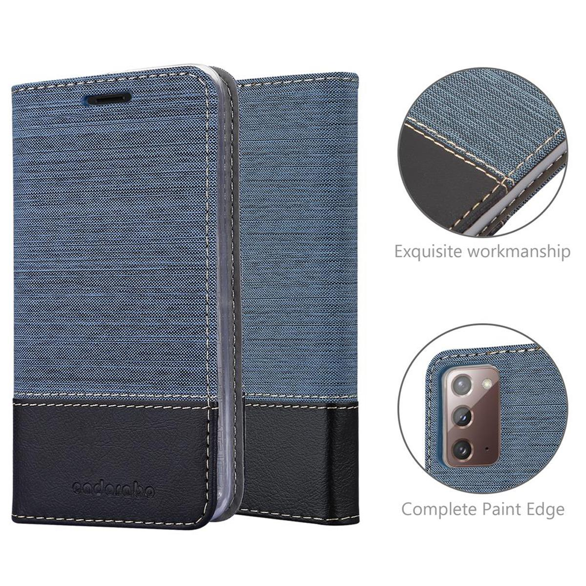 Custodia blu per telefono con una cover in pelle nera e blu. Diagrammi e testo sono sul lato.