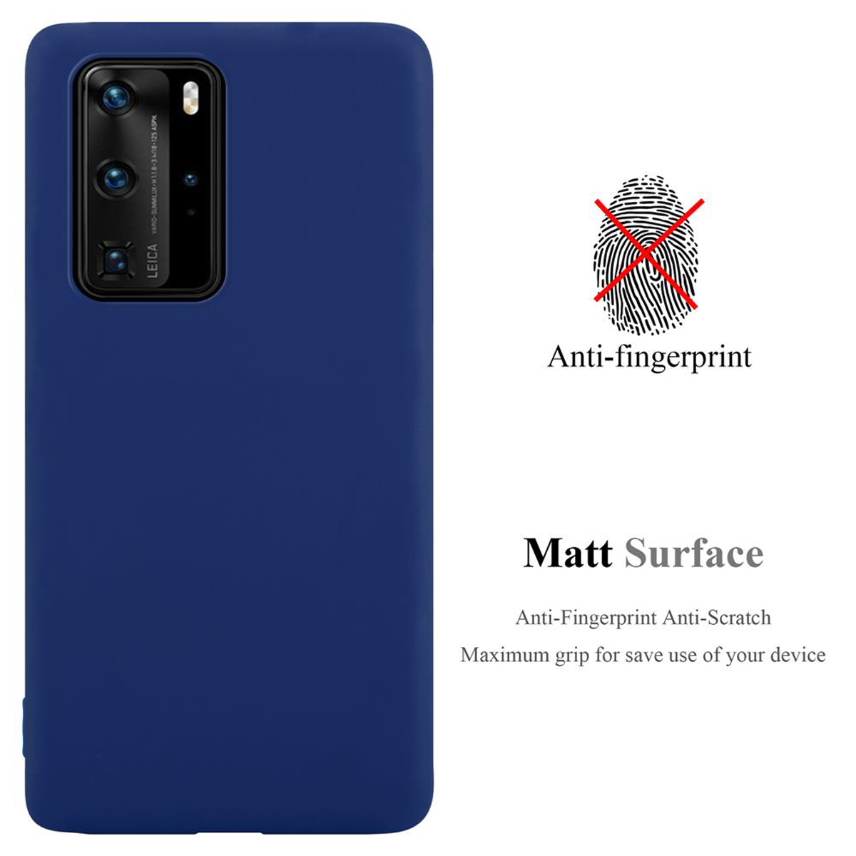 Una custodia per telefono blu scuro. La custodia ha un obiettivo a tripla fotocamera. C'è un'icona anti-impronte.