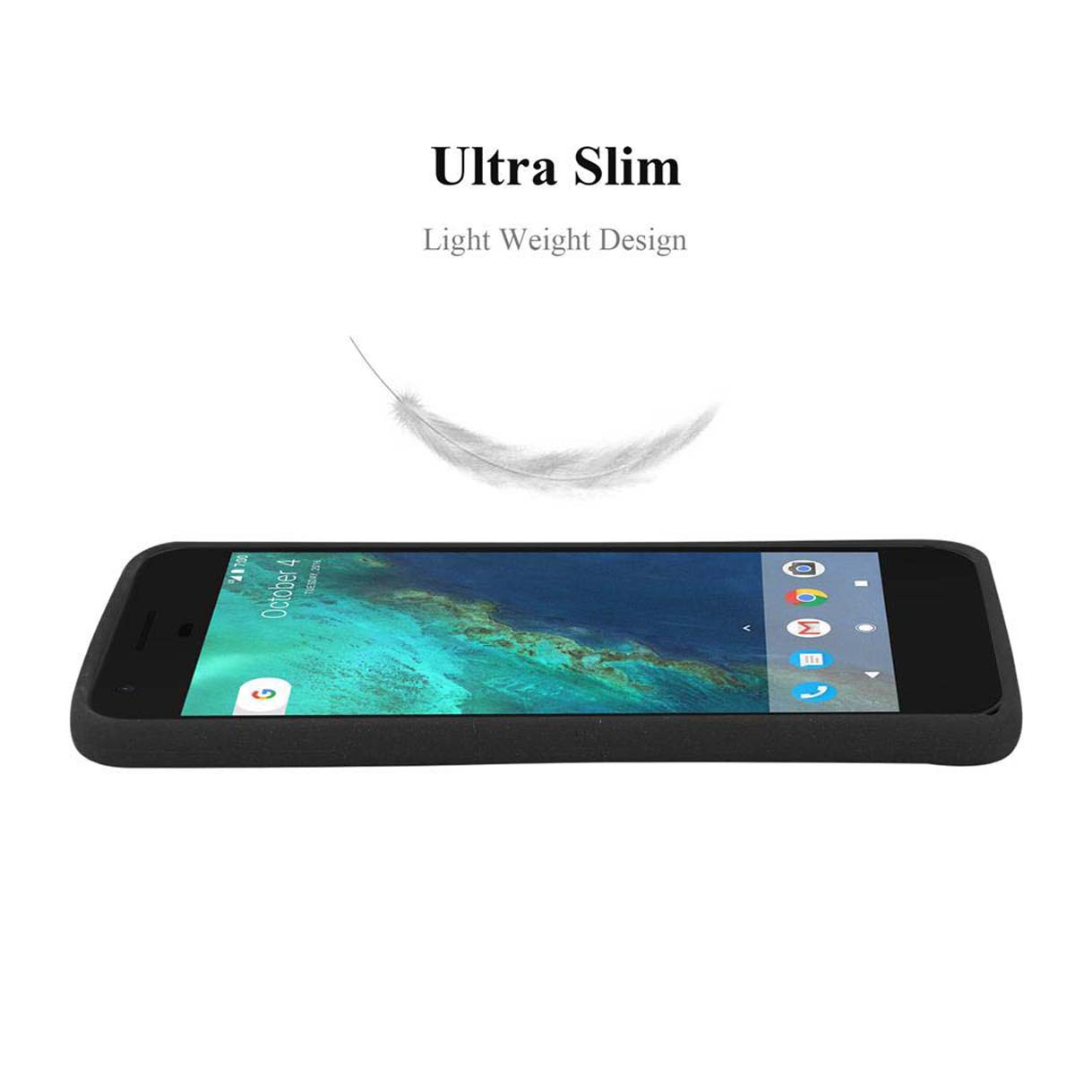 Schwarzes Telefon mit Apps auf dem Bildschirm. Schwarze Hülle. Weißer Hintergrund. Text: Ultra Slim, Light Weight Design.