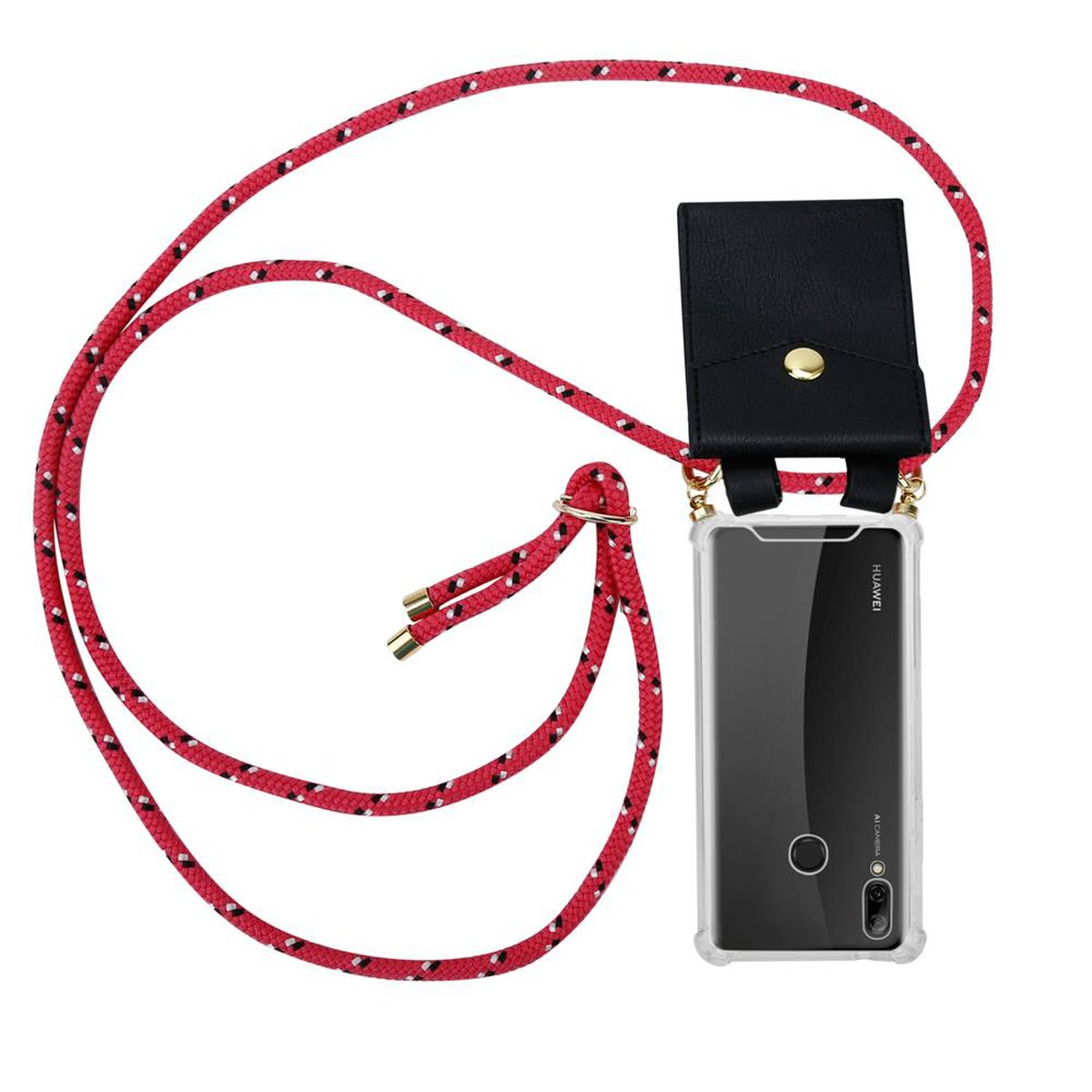 Custodia per telefono con cordino rosso e bianco, custodia nera e telefono Huawei.