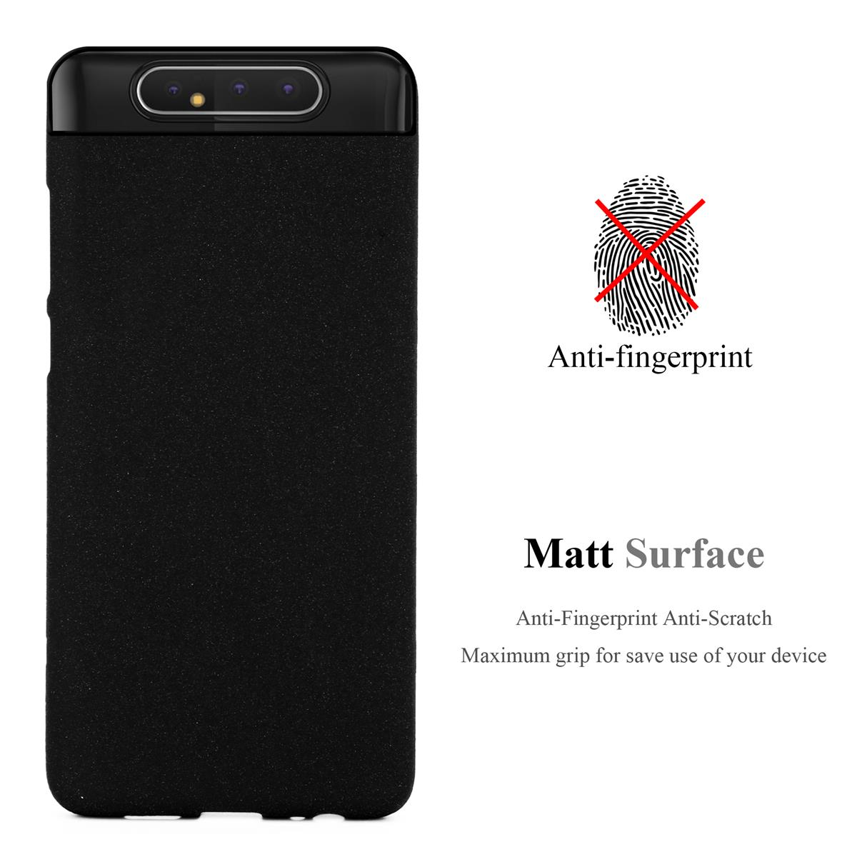 Custodia nera per telefono con icona dell'impronta digitale e testo. Anti-impronta, antigraffio e superficie opaca.