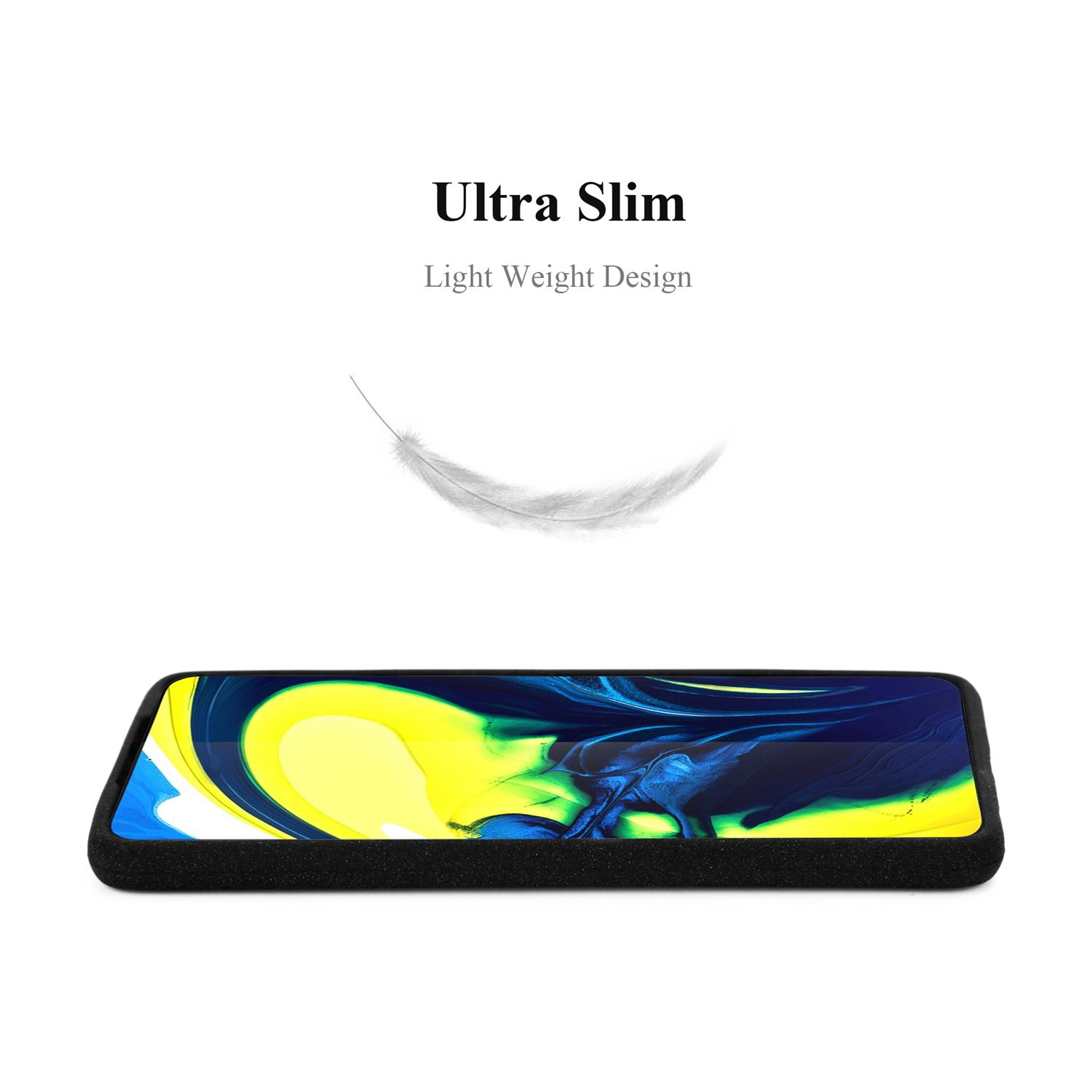 Custodia per telefono nera con la scritta “Ultra Slim” e una piuma su sfondo bianco.