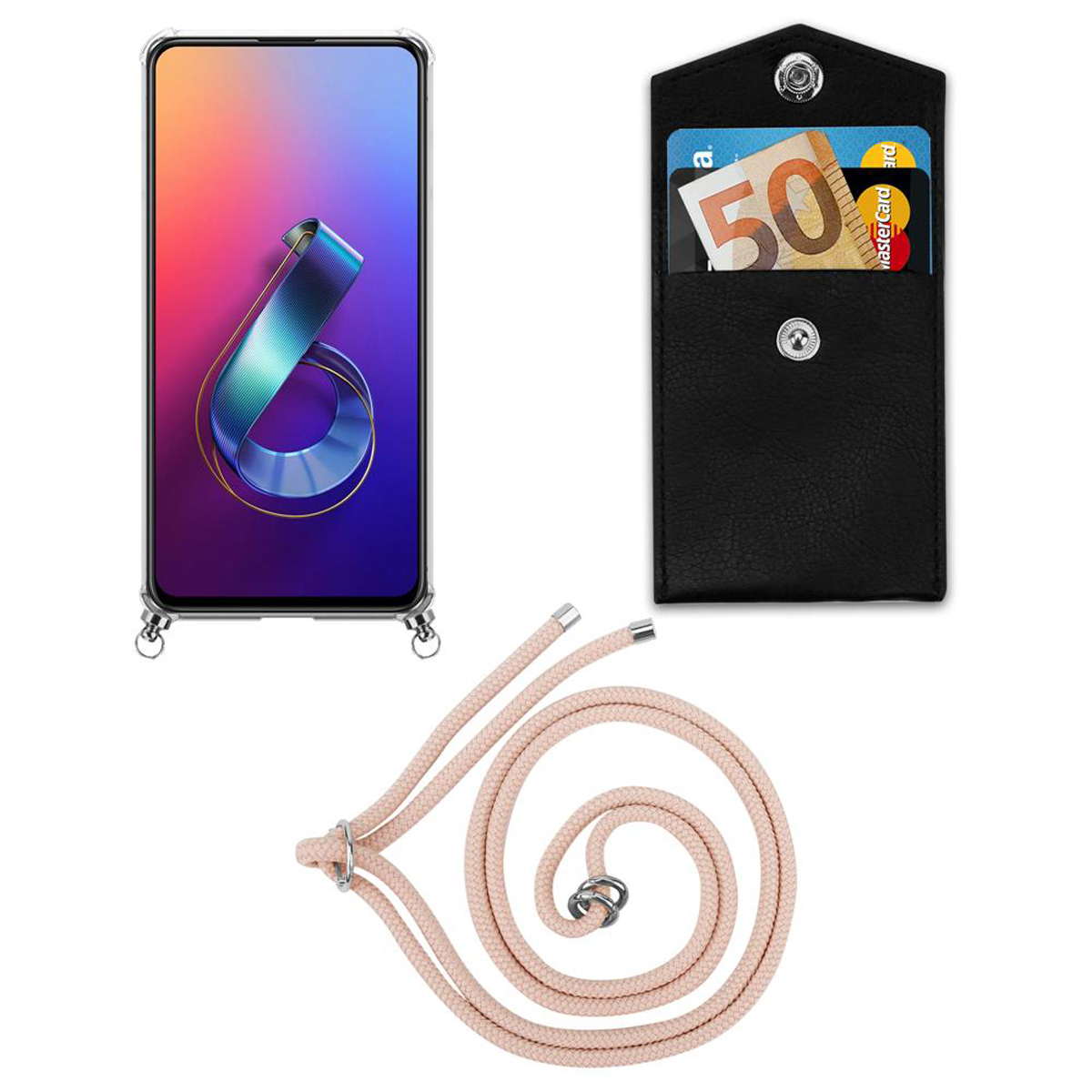 Telefon mit Riemen und schwarzem Lederetui mit Karten und Geld.