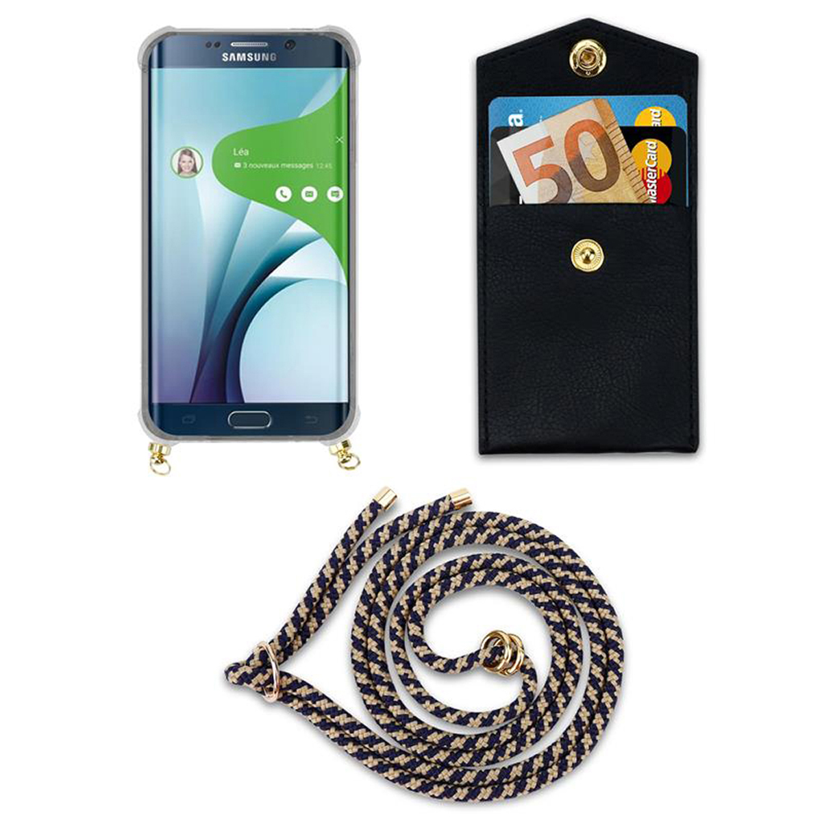 Telefono con cinturino e custodia a portafoglio. Il telefono mostra messaggi. Il portafoglio contiene carte e denaro.