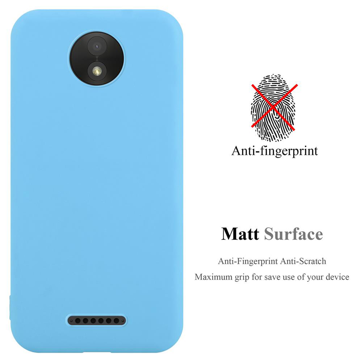 Custodia blu chiaro con superficie opaca, anti-impronte e foro per fotocamera.