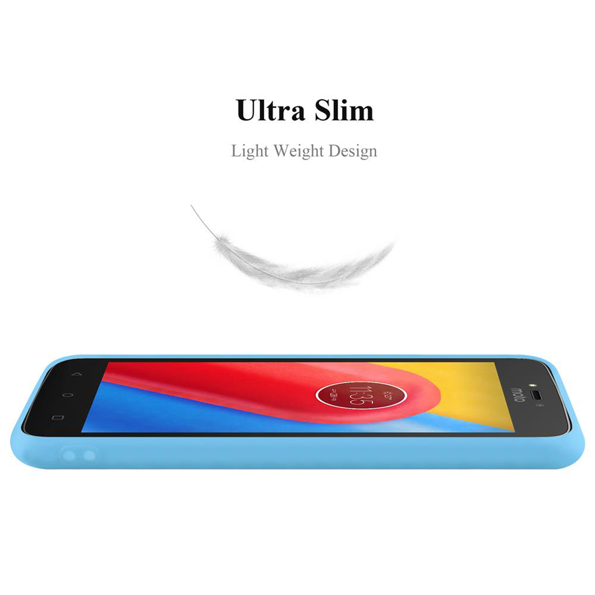 Custodia per telefono azzurra con telefono e grafica a piuma, testo "Ultra Slim" e "Light Weight Design".