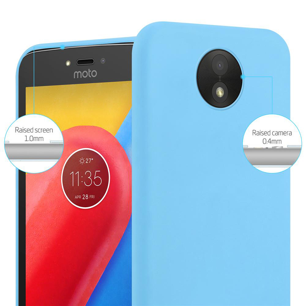 Una custodia per telefono azzurra con un telefono, con schermo e fotocamera rialzati evidenziati.