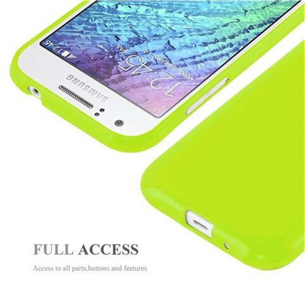 Custodia verde per telefono con telefono all'interno. Testo: ACCESSO COMPLETO. Sfondo bianco.