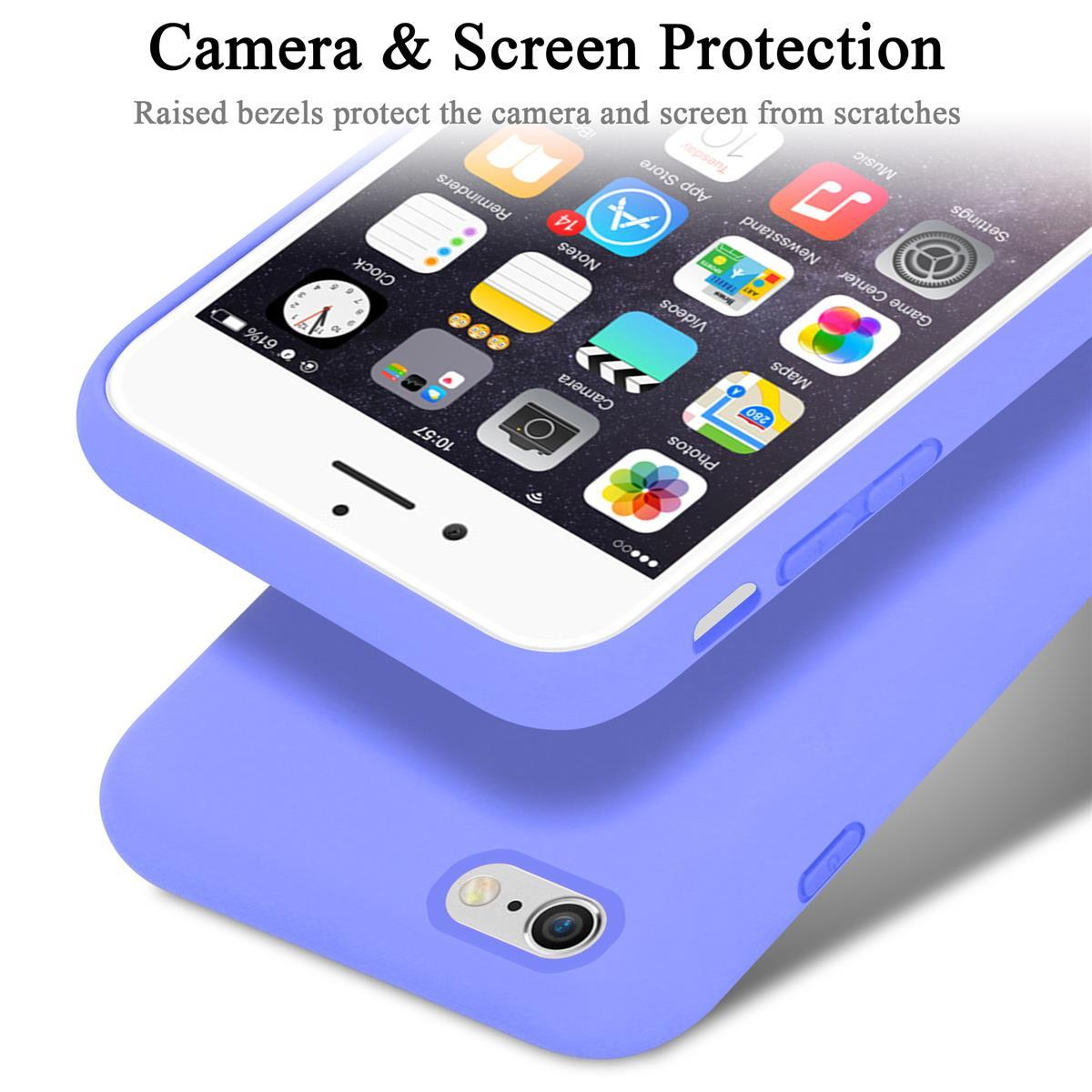 Ein weißes iPhone in einer blauen Handyhülle. Der Bildschirm zeigt App-Symbole. Text: Kamera- und Bildschirmschutz.