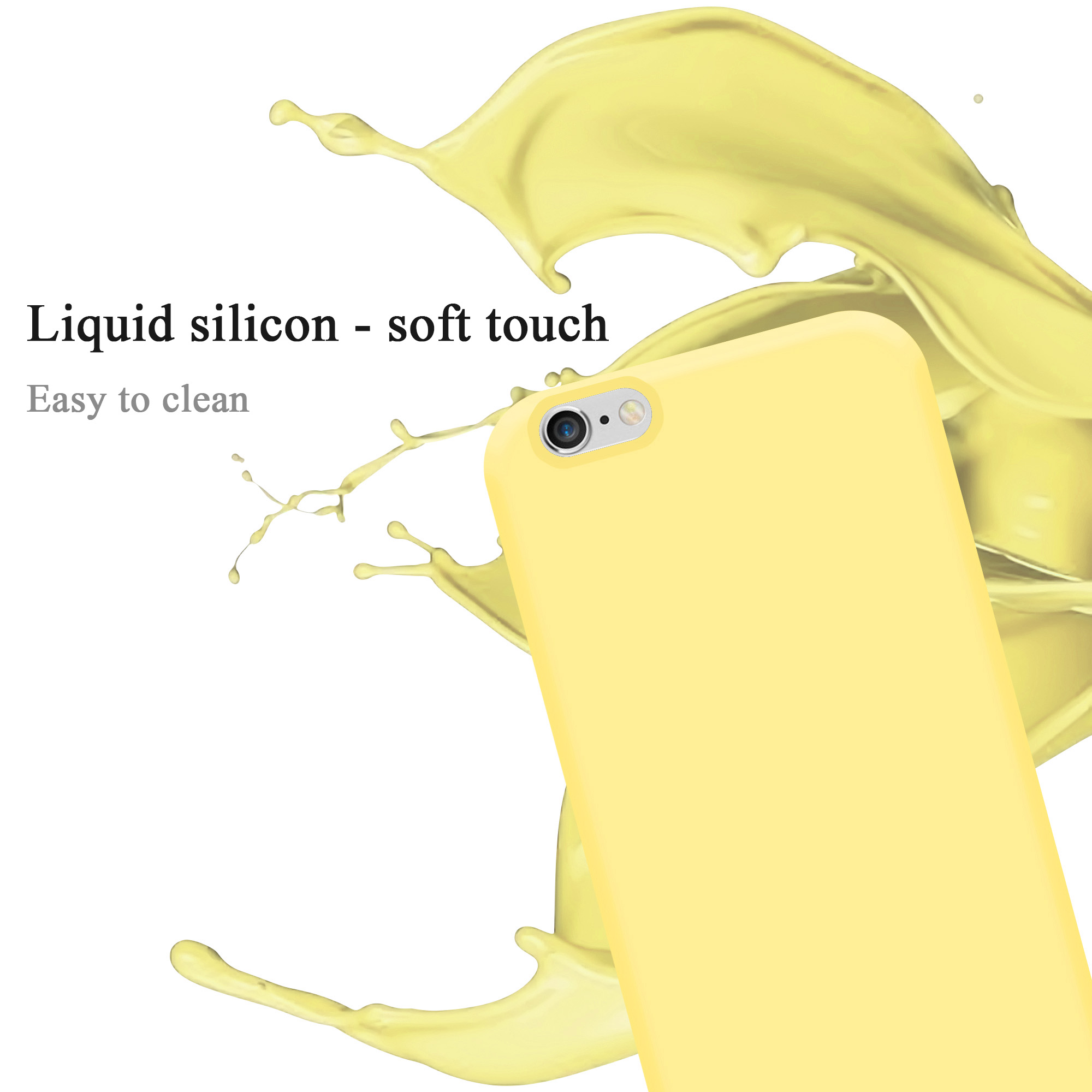 Gelbe Handyhülle mit Flüssigkeitsspritzer. Text: Flüssigsilikon - Soft-Touch. Leicht zu reinigen.