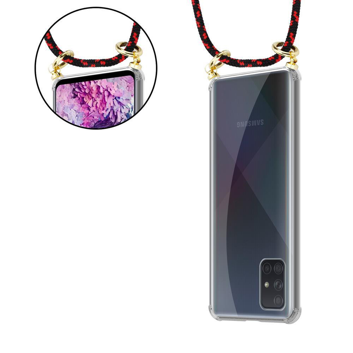 Un telefono con una custodia a collana. La custodia è trasparente. La collana è rossa e nera.