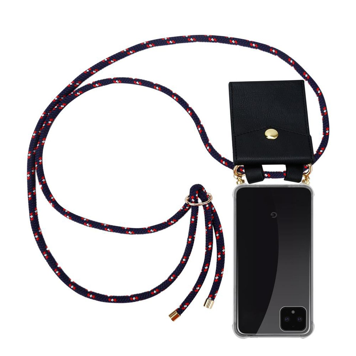 Telefon mit Schlüsselband, schwarzem Lederetui und marineblau-rot-weißem Seil.