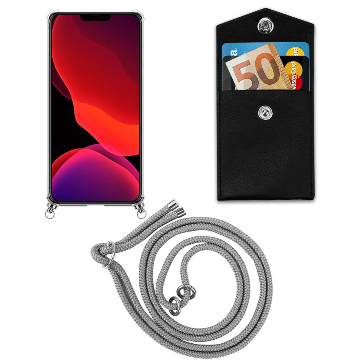 Telefono con custodia trasparente e cinturino, porta carte con carte. Sfondo chiaro.