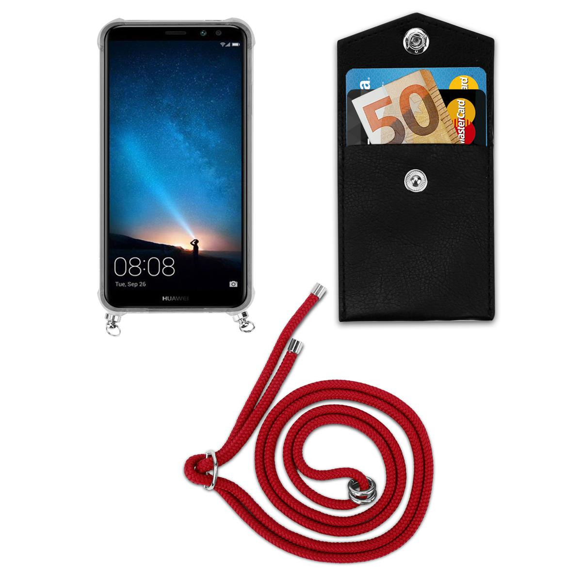 Telefon, Brieftasche und rotes Kabel. Das Telefon zeigt einen Sternenhimmel. Brieftasche hat einen 50-Euro-Schein und eine Kreditkarte.