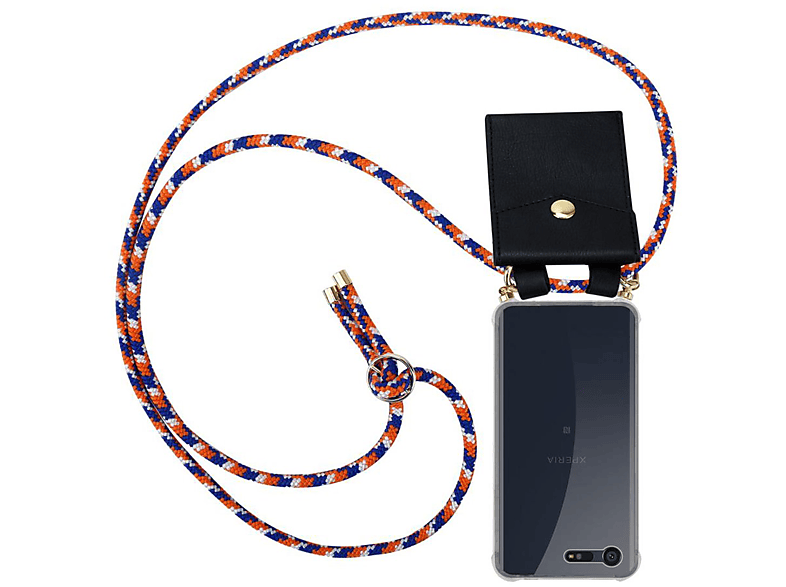 CADORABO Handy Kette mit Gold Ringen, Kordel Band und abnehmbarer Hülle, Backcover, Sony, Xperia X COMPACT, ORANGE BLAU WEIß