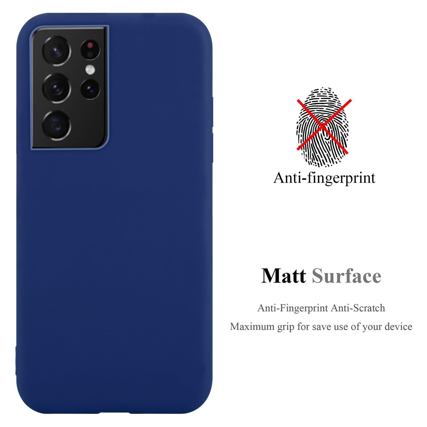 Custodia per telefono blu. Il testo recita "Anti-fingerprint Matt Surface". Il telefono non è visibile.
