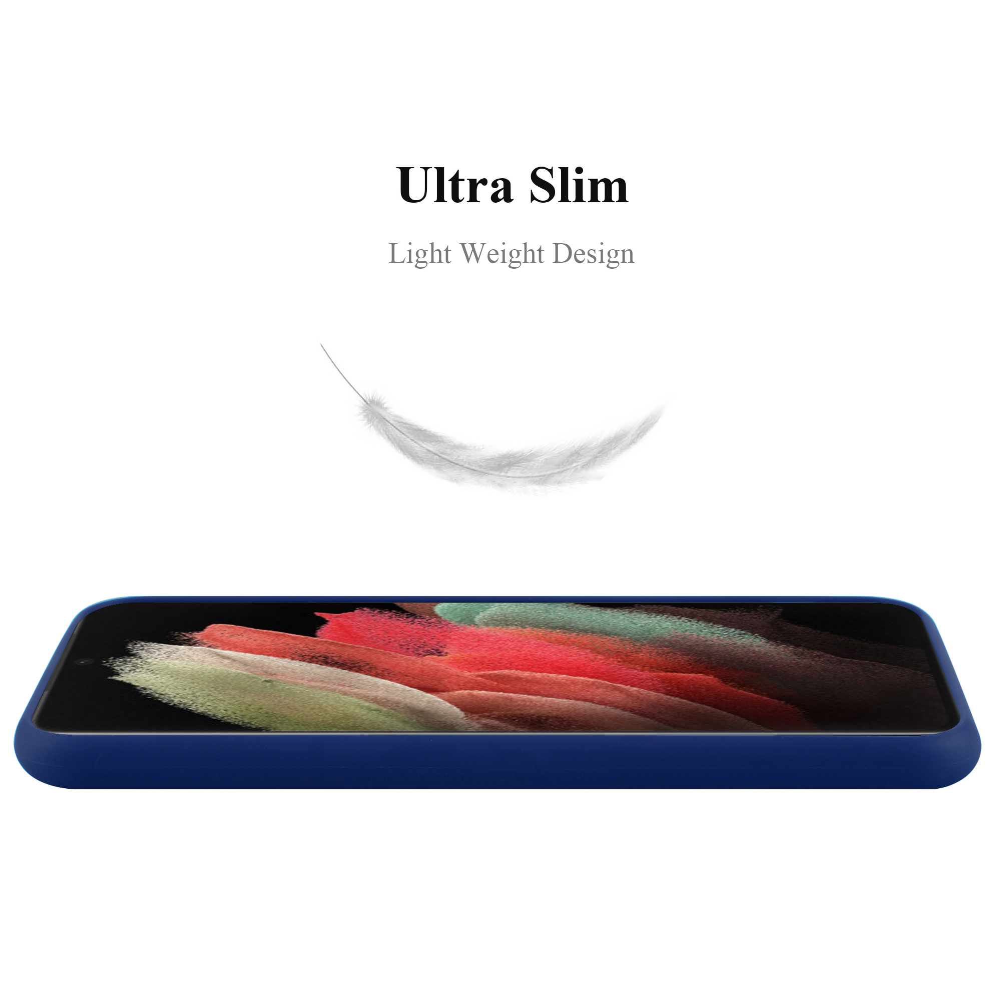 Un telefono con custodia blu su superficie bianca. Testo e piuma sopra.