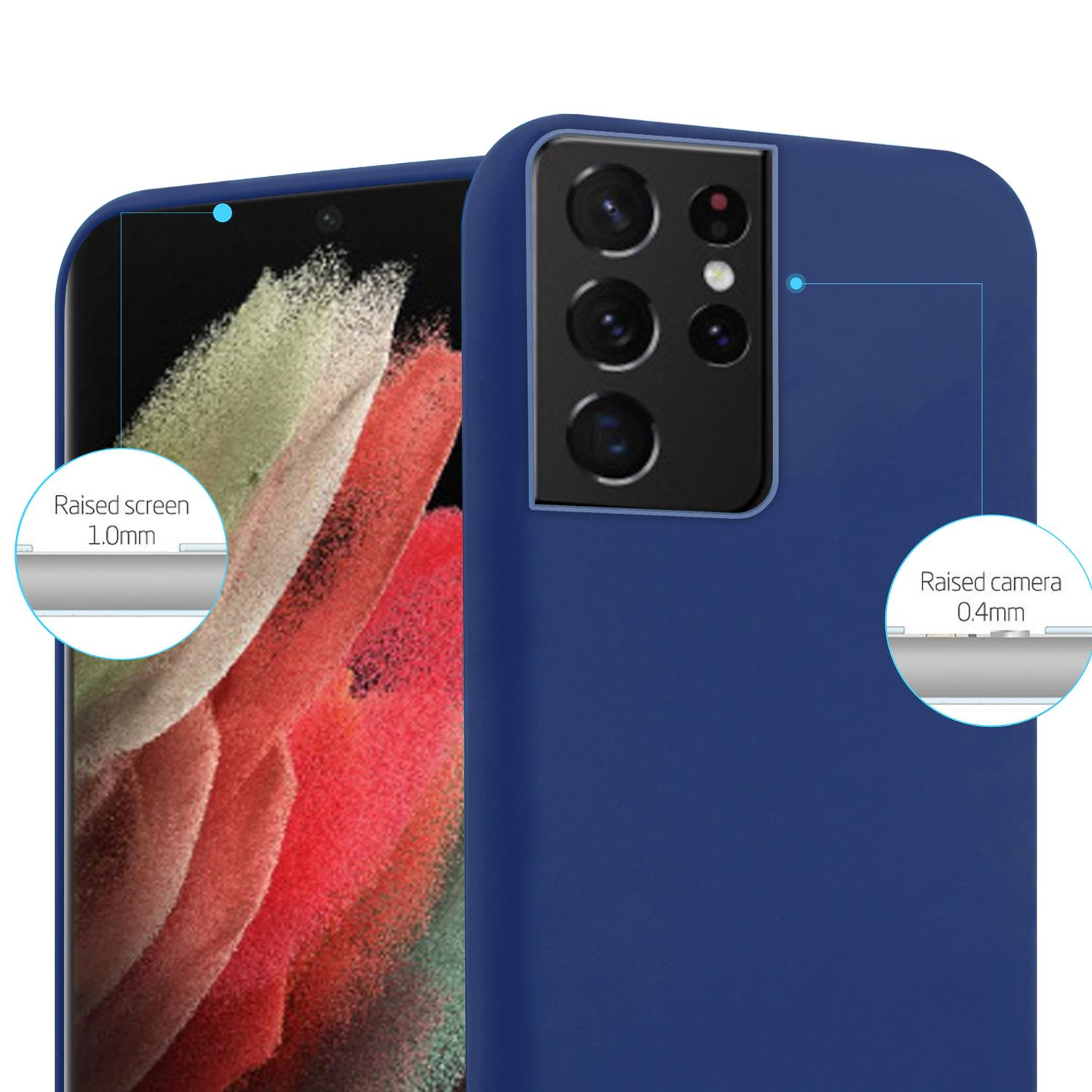 Una custodia blu per telefono con protezione dello schermo e della fotocamera rialzata. La custodia ha etichette.