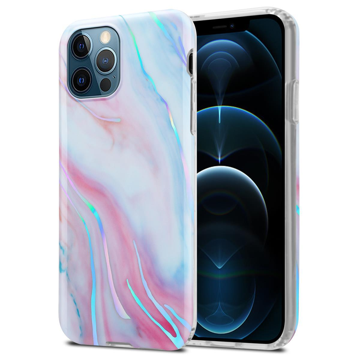 Handyhülle mit marmorähnlichem Design. Rosa, blaue und weiße Farben. Telefon im Inneren.