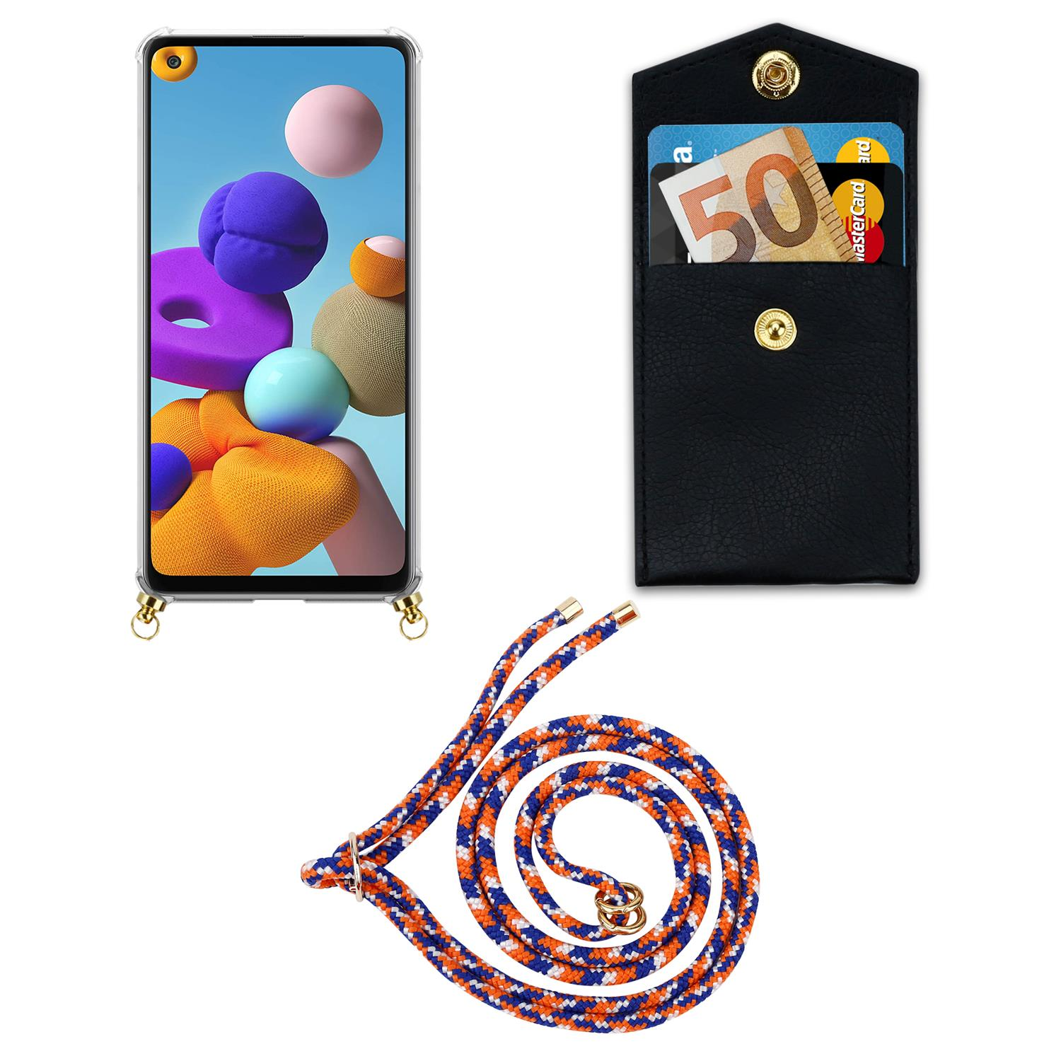 Telefono con cordino e portafoglio nero con carte. Cordino arancione, blu e bianco.