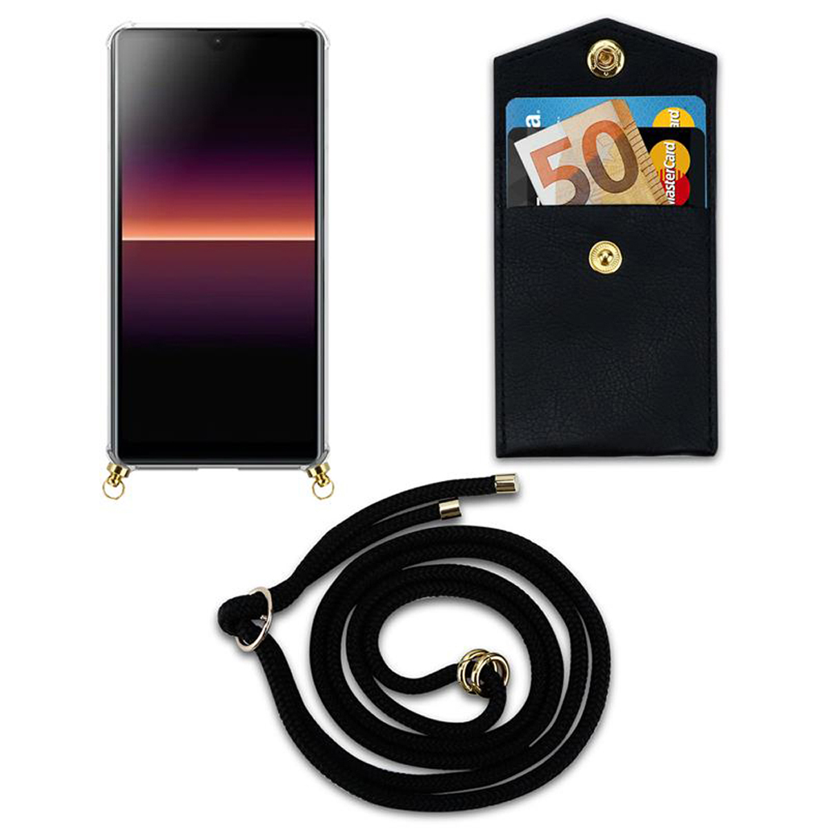 Un telefono con cordino, un portafoglio nero e una banconota da 50 euro. Il telefono ha uno schermo nero.