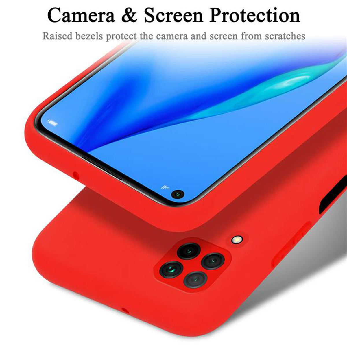 Custodia per telefono rossa. Il testo dice 'Protezione fotocamera e schermo'. Le cornici rialzate proteggono fotocamera e schermo.