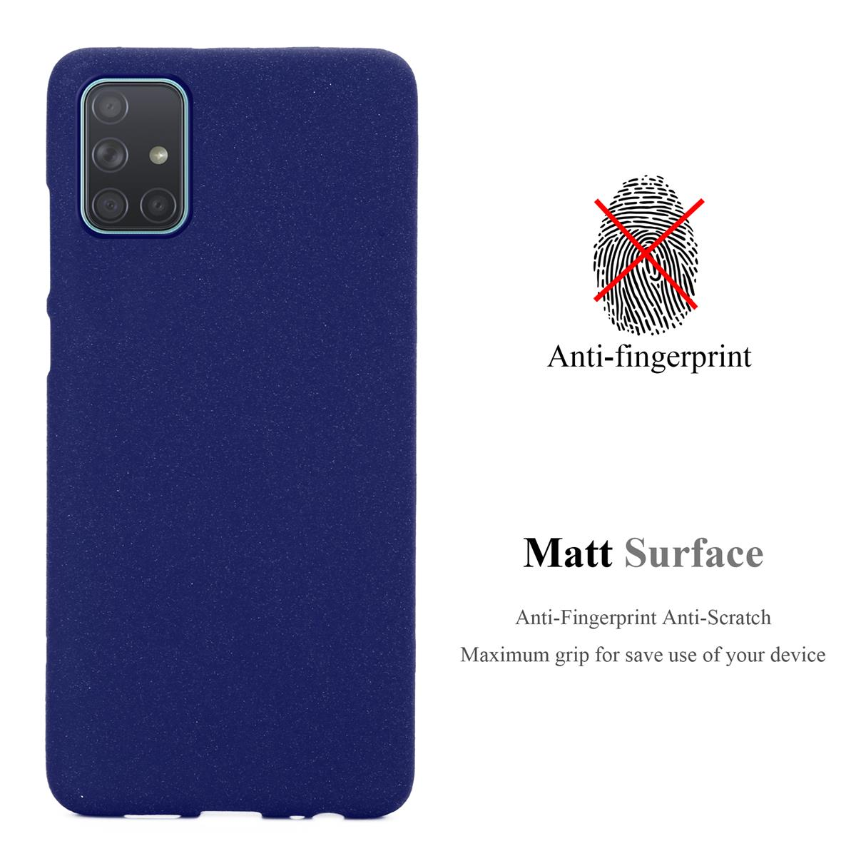 Custodia per telefono blu scuro con testo: Anti-impronte, Superficie opaca. Icona dell'impronta digitale.