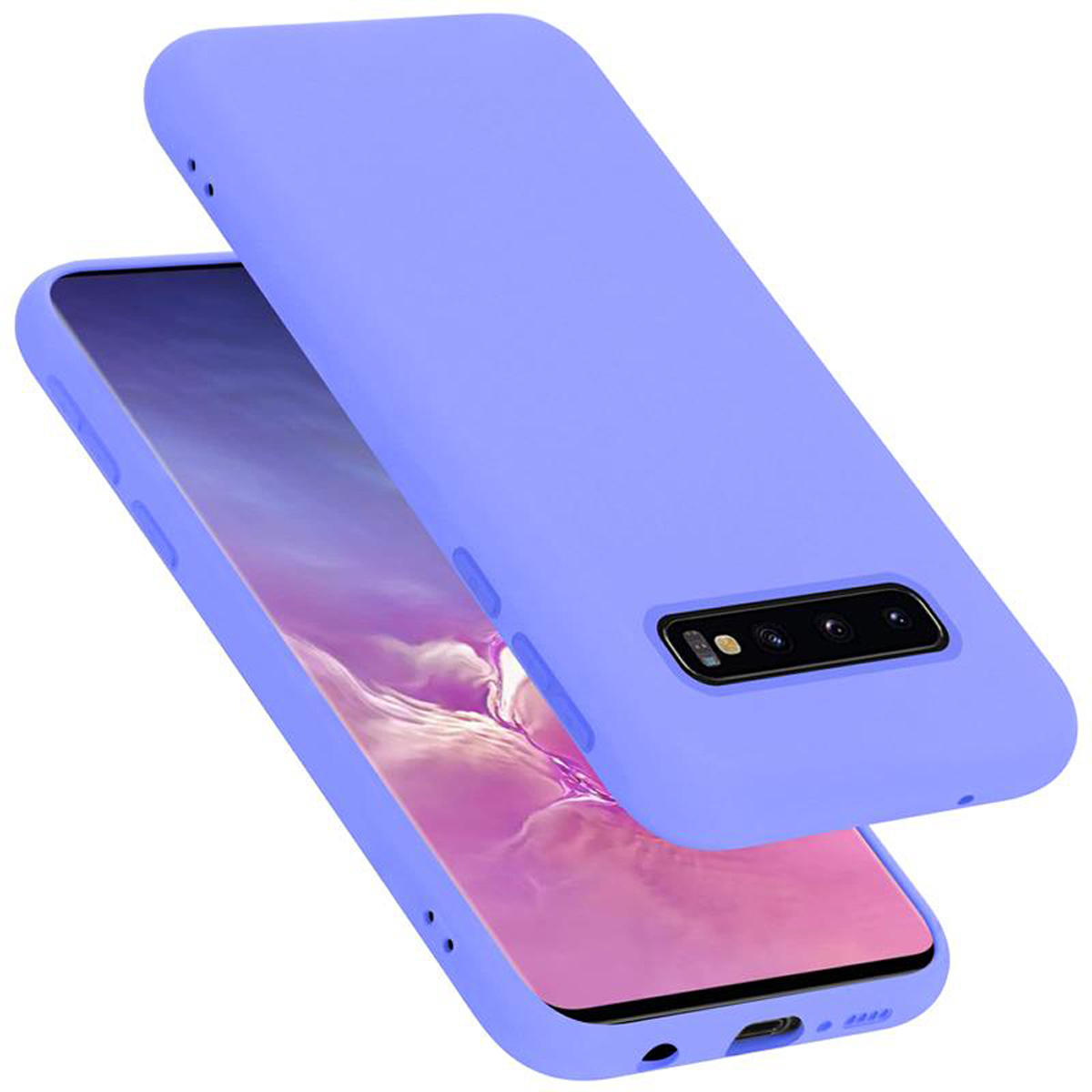 Zwei lila Handyhüllen. Eine offen, zeigt den Telefonbildschirm.