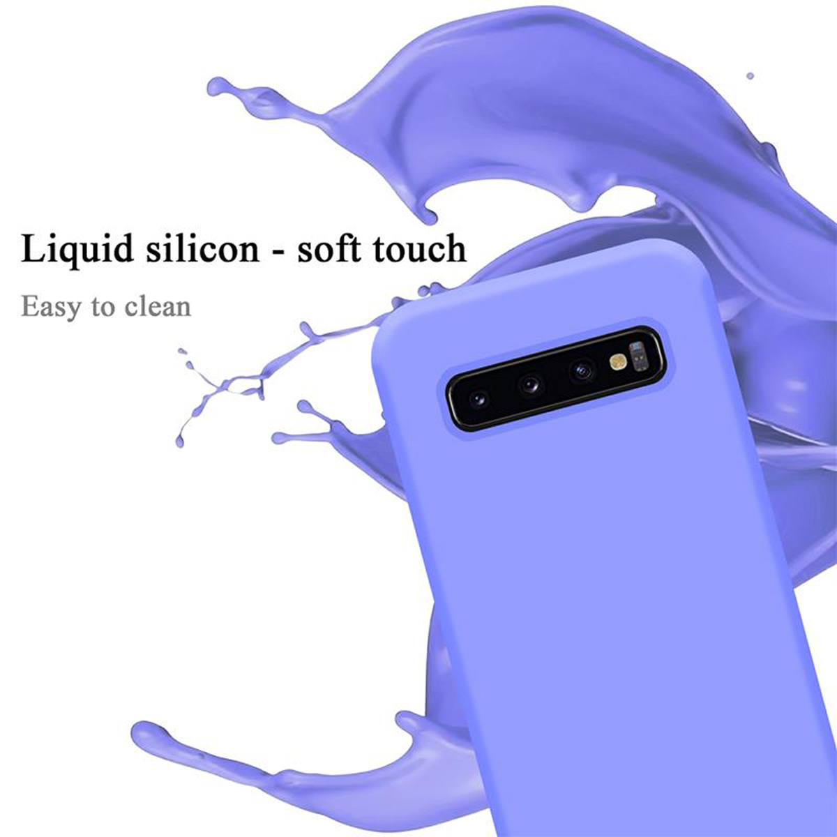 Handyhülle mit flüssiger Silikonstruktur. Die Handyhülle ist lila, mit einem Lavendel-Spritzer dahinter.