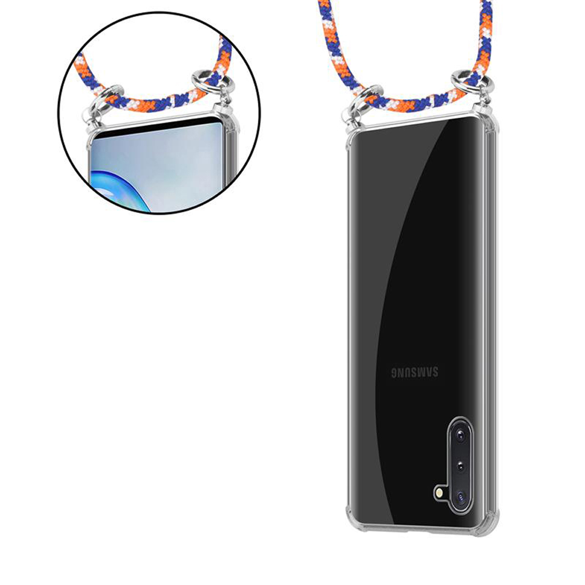 Un telefono è in una custodia trasparente, attaccata a un cordino. Lo sfondo è bianco. Il cordino è blu e arancione.