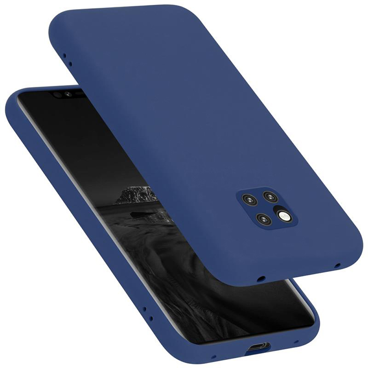 Blaue Handyhülle mit Telefon darin. Weißer Hintergrund.