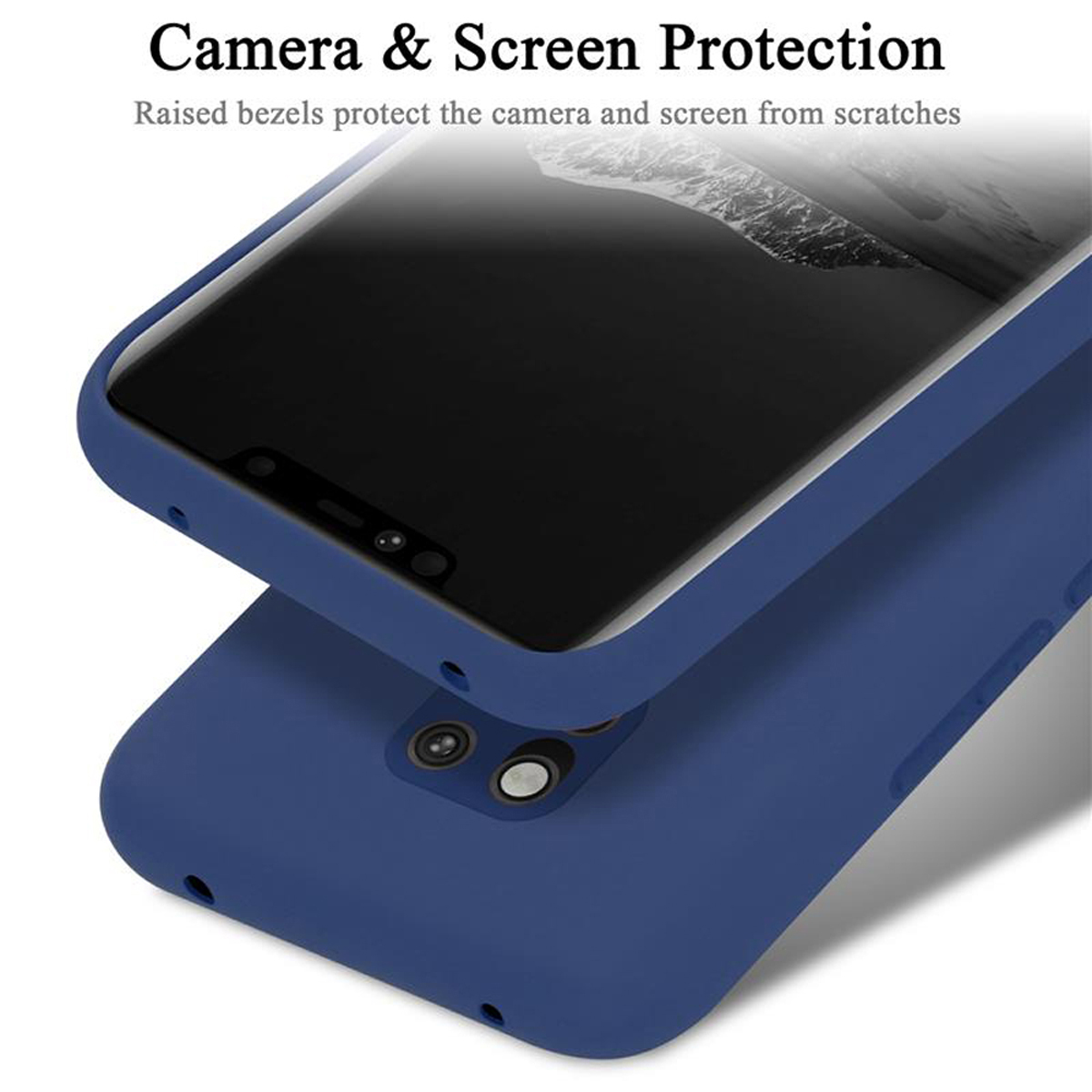 Blaue Handyhülle über einem Telefon. Text: Camera & Screen Protection.