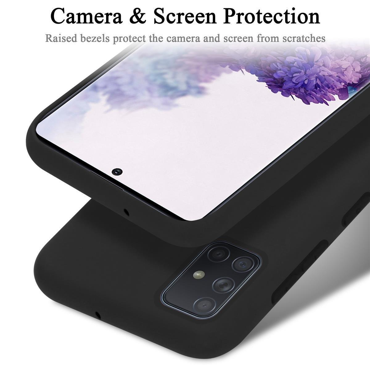 Eine schwarze Handyhülle mit einem Telefon. Die Worte Kamera- und Bildschirmschutz stehen über dem Telefon.