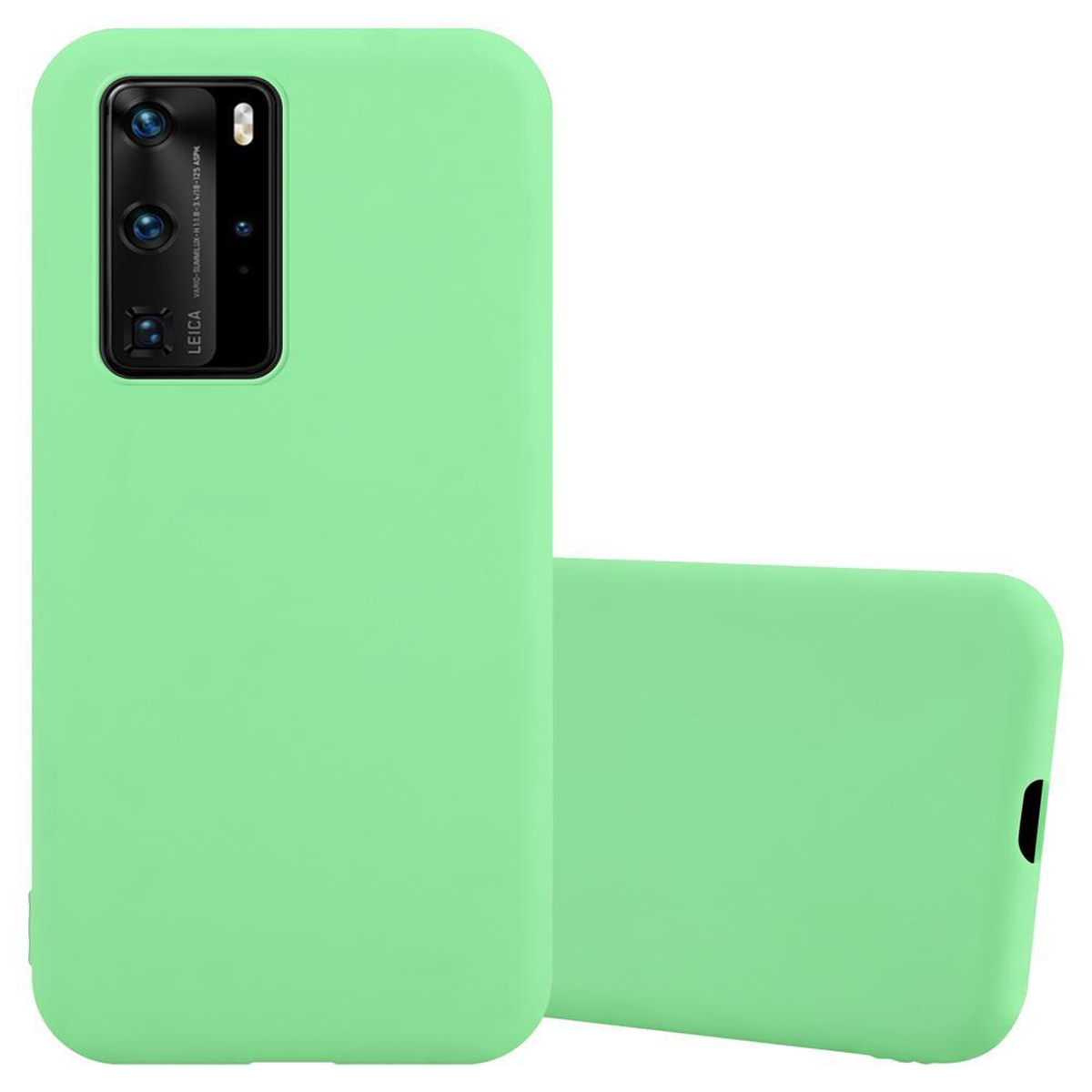 Due custodie per telefono verde menta. Uno in piedi, l'altro di lato.