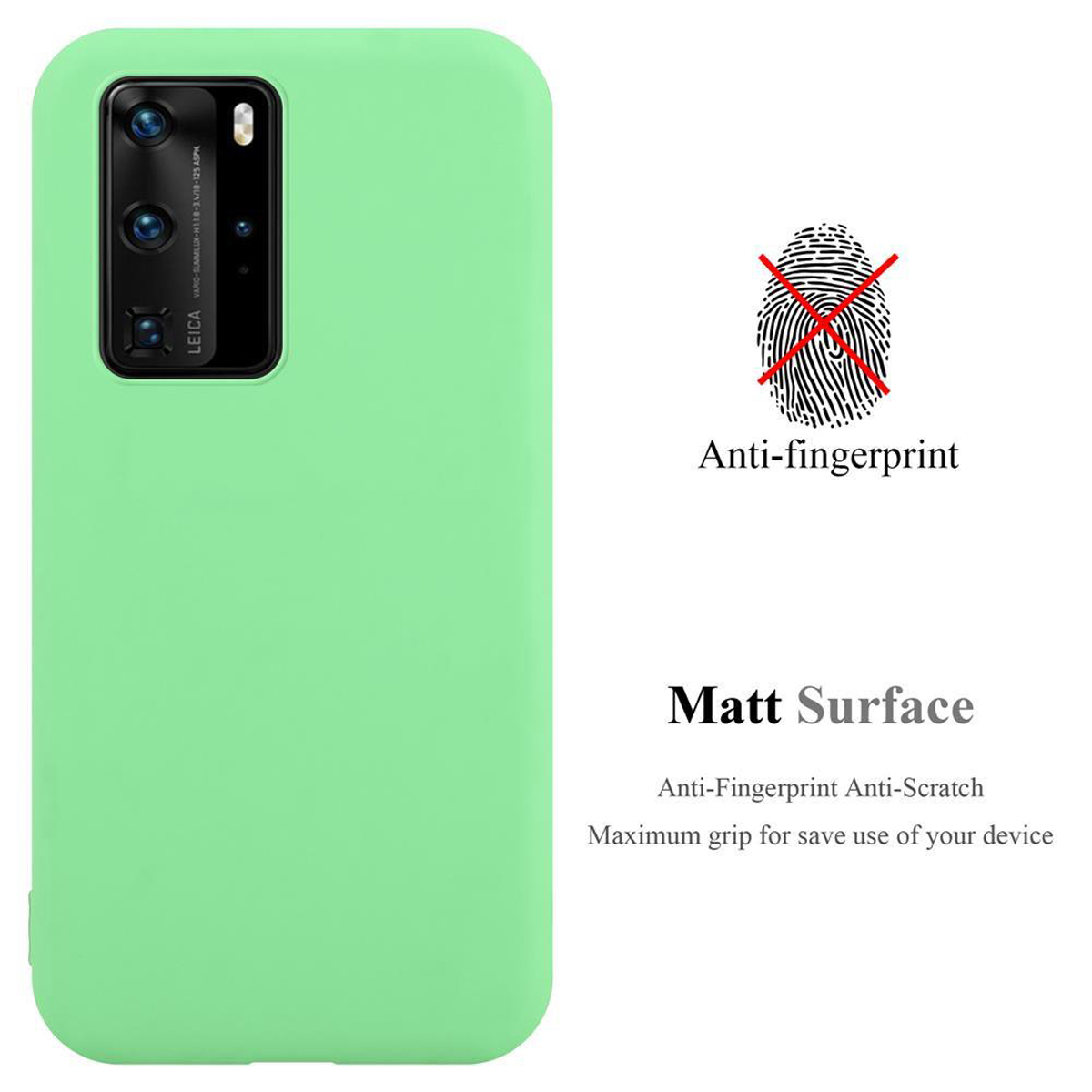 Una custodia per telefono verde con un telefono all'interno. Il testo dice: Anti-impronte e superficie opaca.