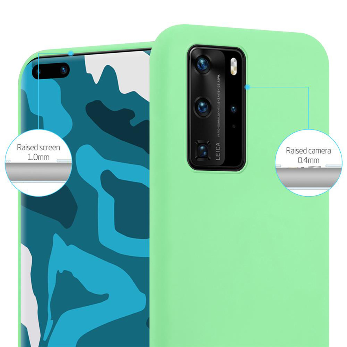 Custodia per telefono verde con modulo fotocamera nero e telefono con motivo bianco e blu sul display.
