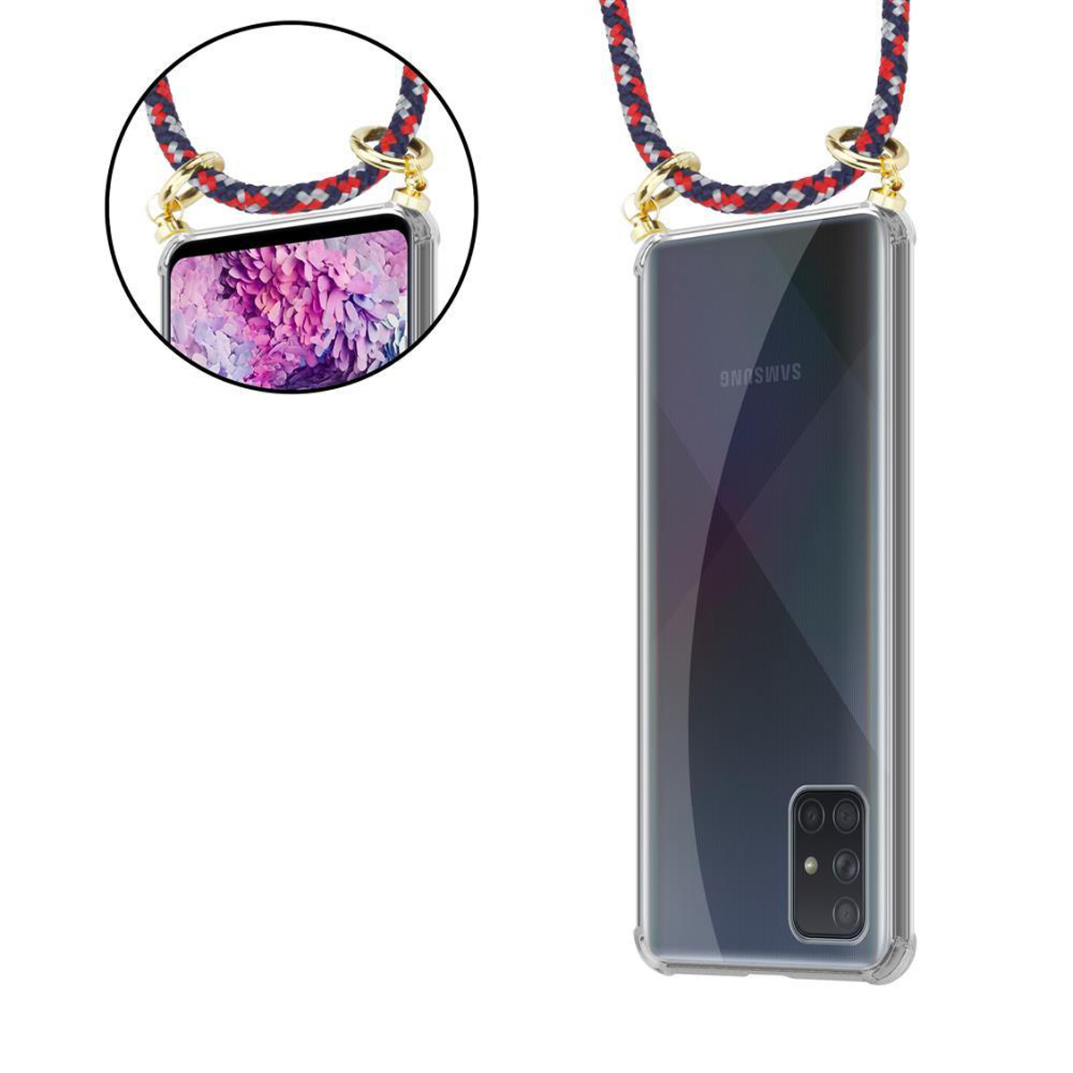 Telefono con custodia fantasia e cinturino rosso-bianco-blu. Il telefono è in una custodia trasparente con dettagli oro.