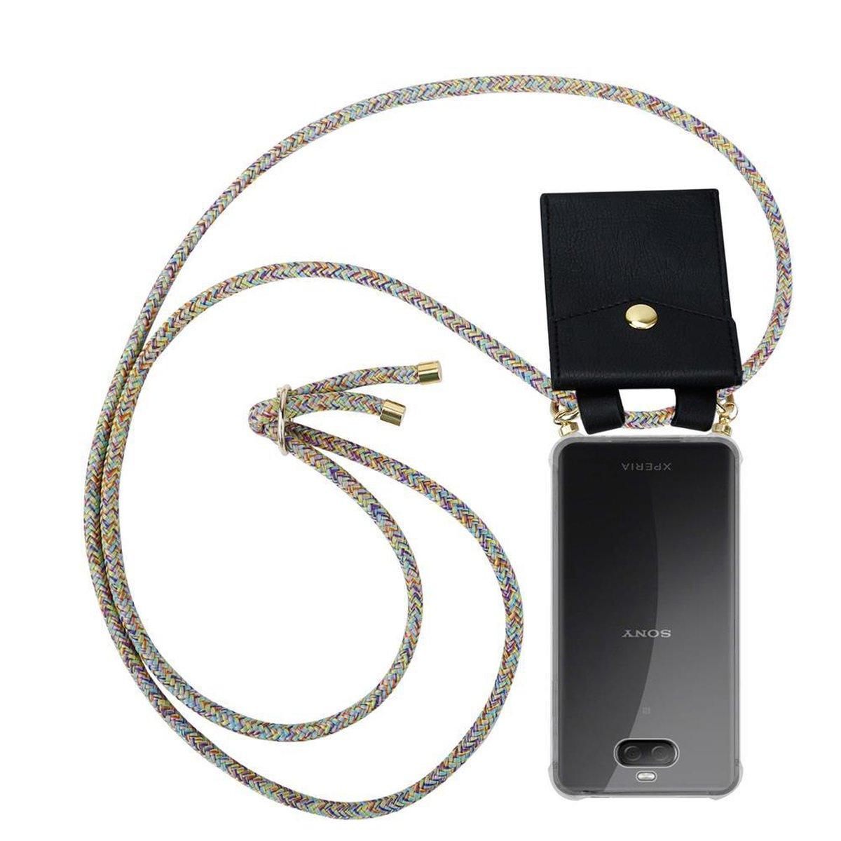 Telefon mit einem Riemen. Der Riemen ist bunt. Schwarzer Kartenhalter befestigt.