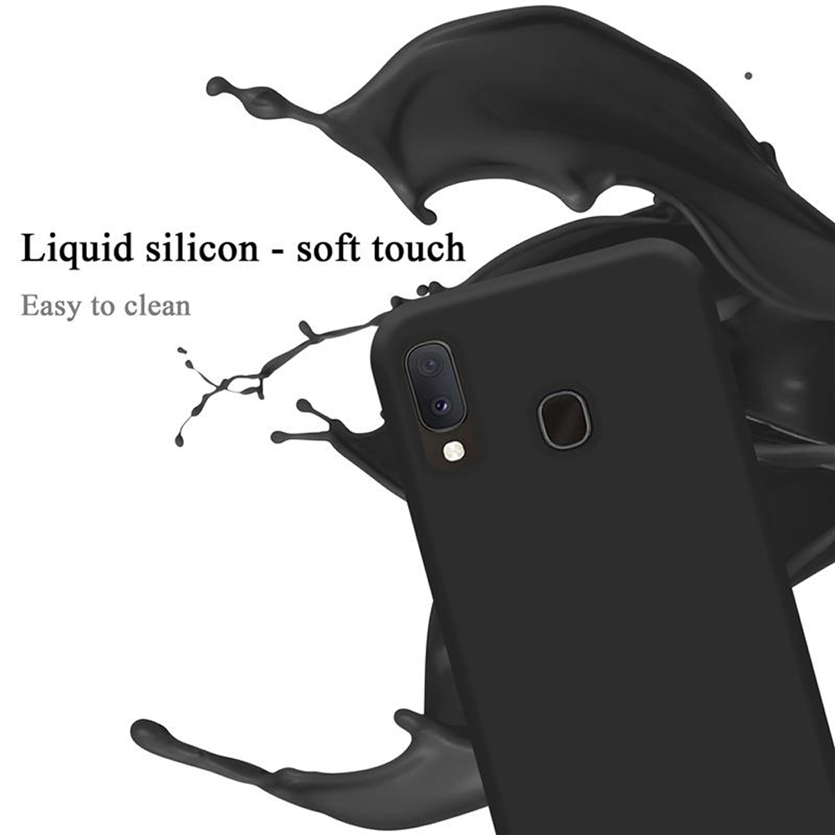 Custodia nera con fotocamera. Schizzo di liquido nero. Testo: Silicone liquido - tocco morbido. Facile da pulire.