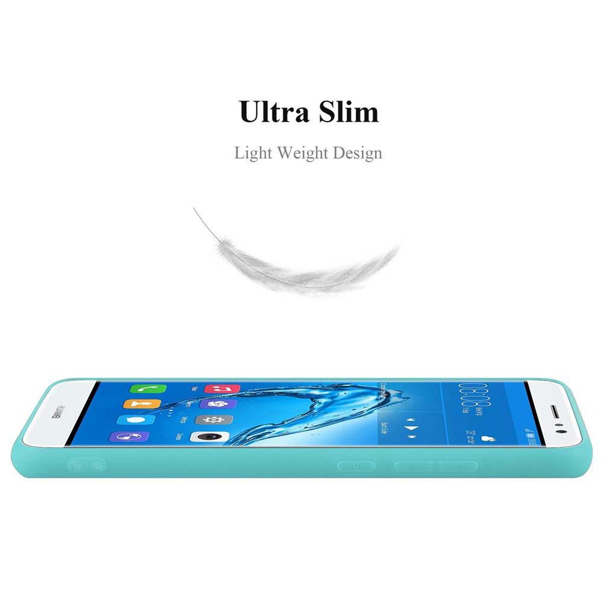 Telefono blu in una custodia blu. Il testo dice 'Ultra Slim' e 'Light Weight Design'.