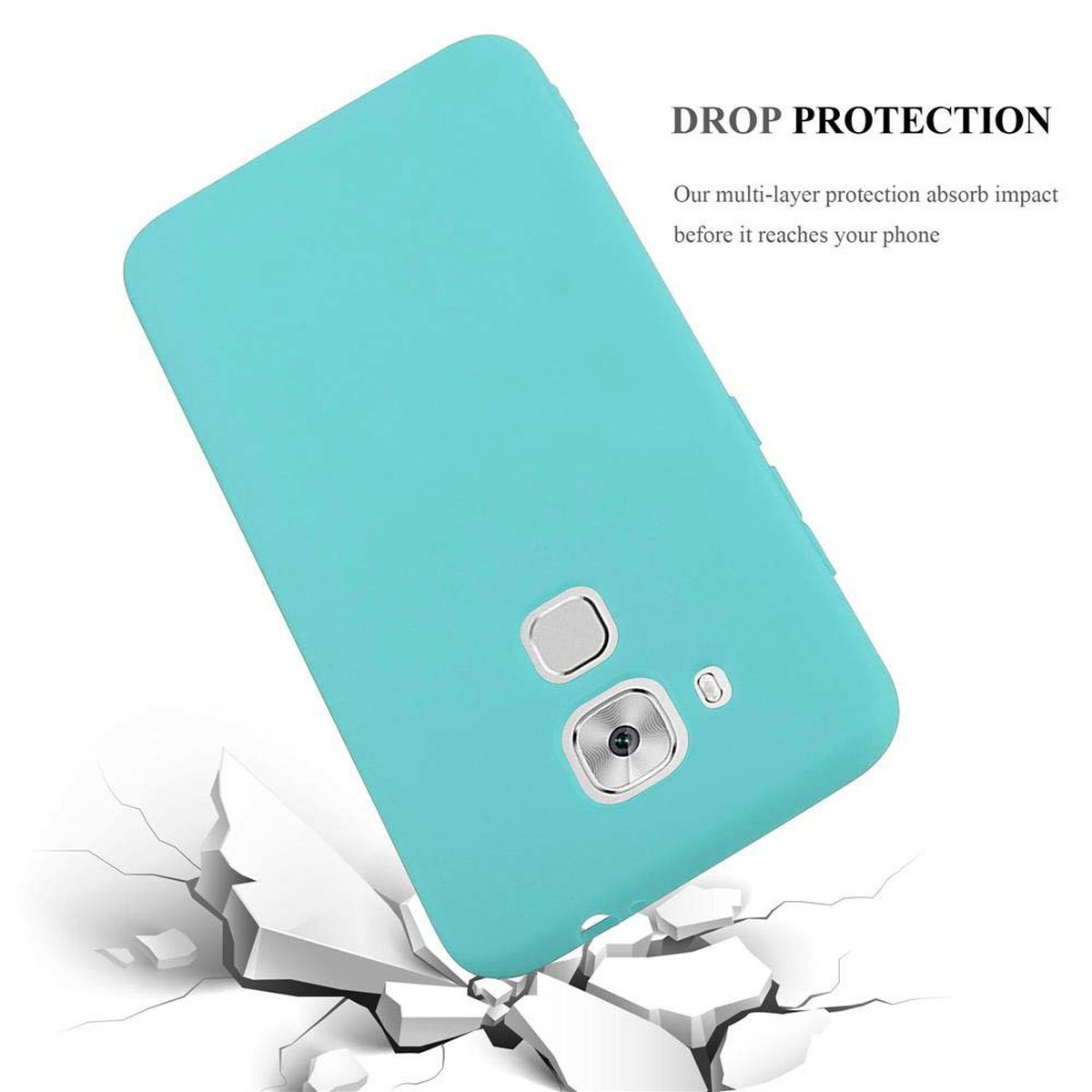 Una custodia per telefono verde acqua su una superficie bianca. Si vedono crepe sulla superficie, con descrizione della protezione dalle cadute.