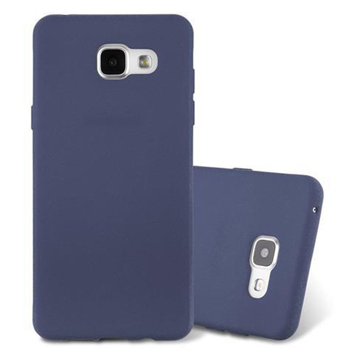 Dos fundas azul oscuro. Una de pie, mostrando la cámara. La otra tumbada.