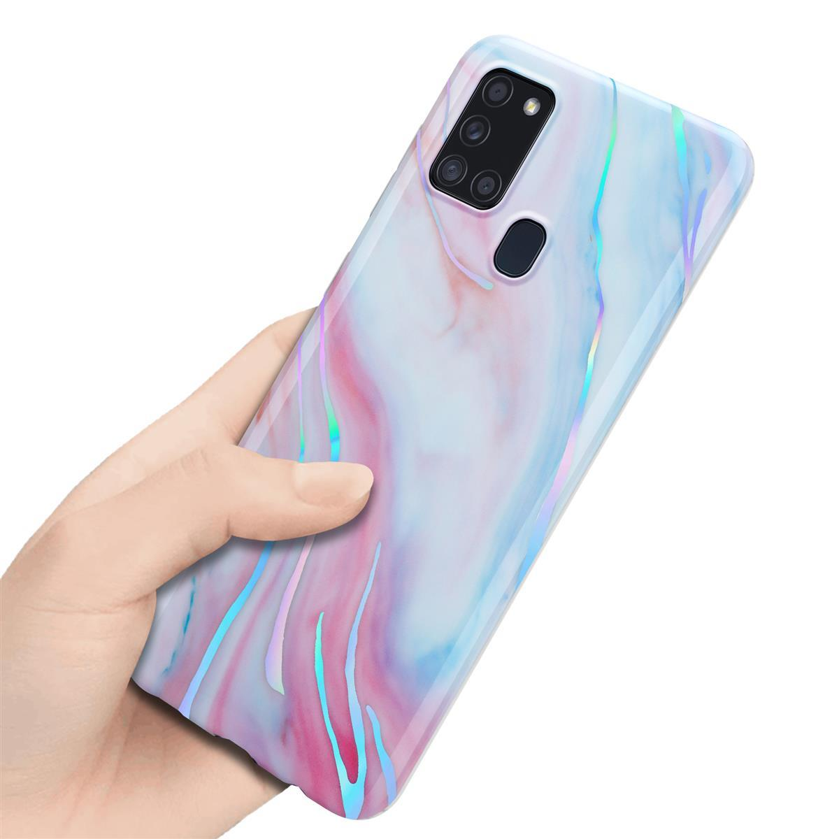 Marmor, Bunter No. Galaxy IMD Backcover, Marmor 15 Weiß Samsung, TPU Hülle A21s, Pink CADORABO