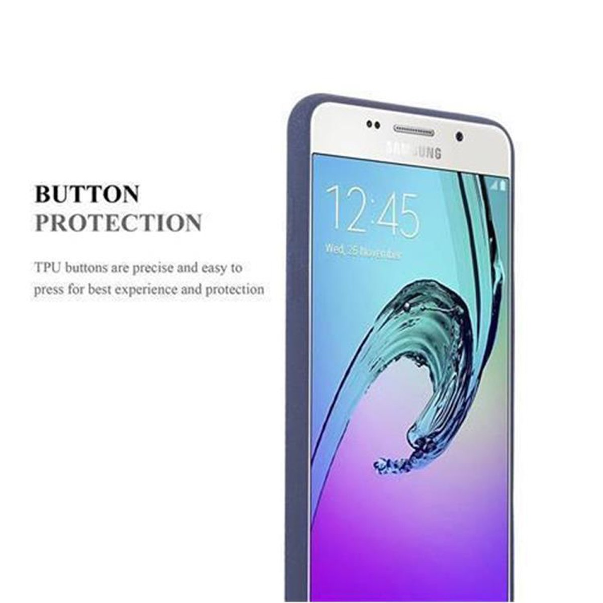 Teléfono con funda azul. Texto: PROTECCIÓN DE BOTONES. Botones TPU precisos para protección.