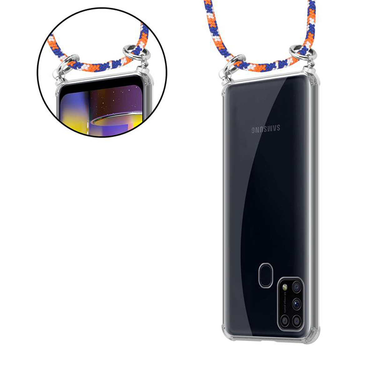 CADORABO Handy Kette mit Galaxy Silber Samsung, WEIß Hülle, und abnehmbarer Kordel ORANGE Band Ringen, Backcover, BLAU M31