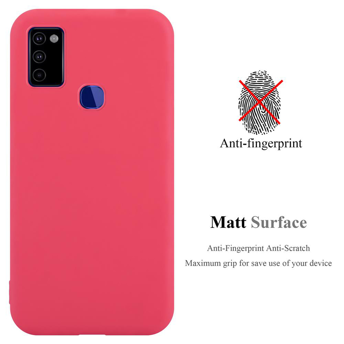 Custodia per telefono rosa. Il testo dice 'Anti-impronte' e 'Superficie opaca'. Impronta con una croce rossa mostrata.