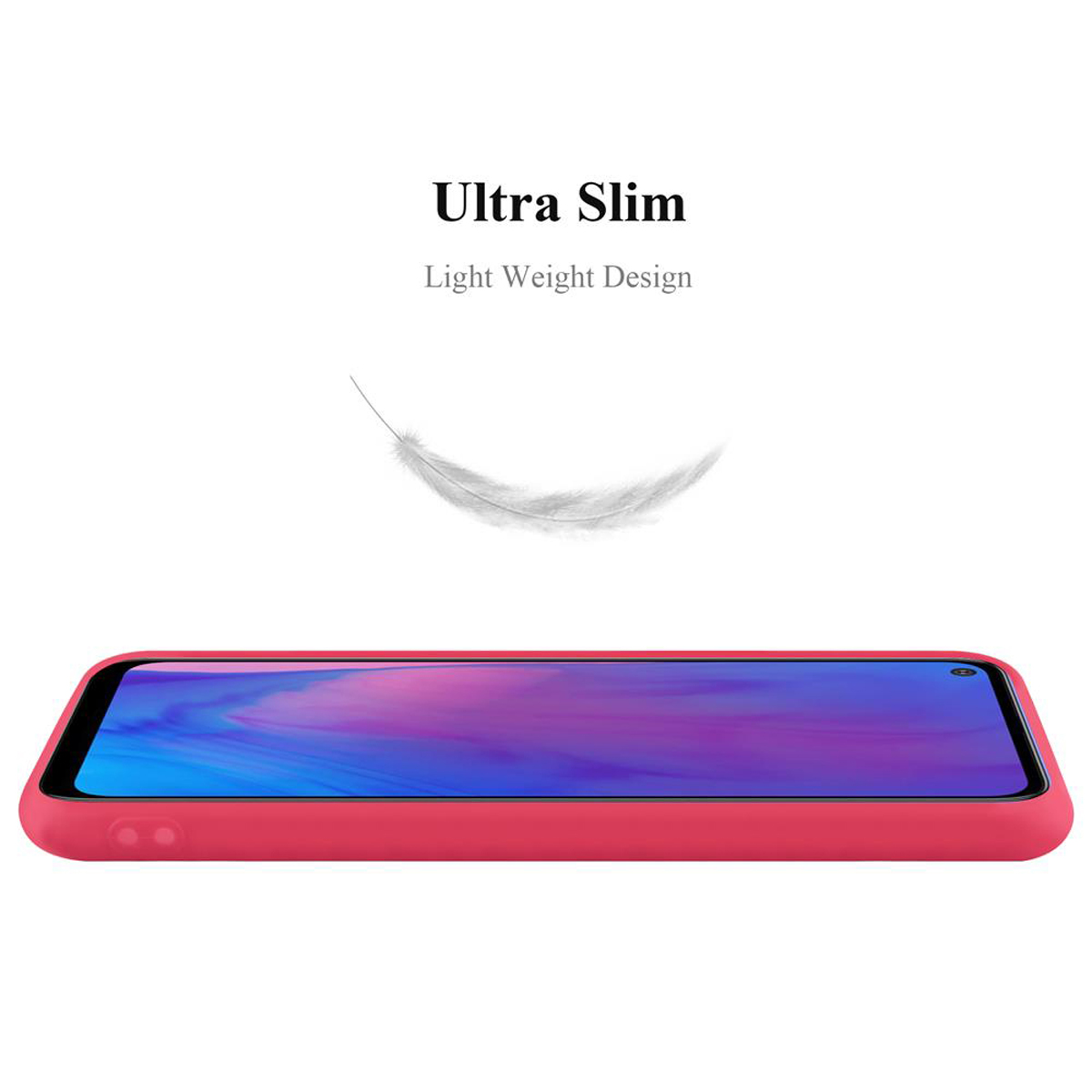 Custodia per telefono rossa, una piuma e il testo "Ultra Slim Light Weight Design" su sfondo bianco.