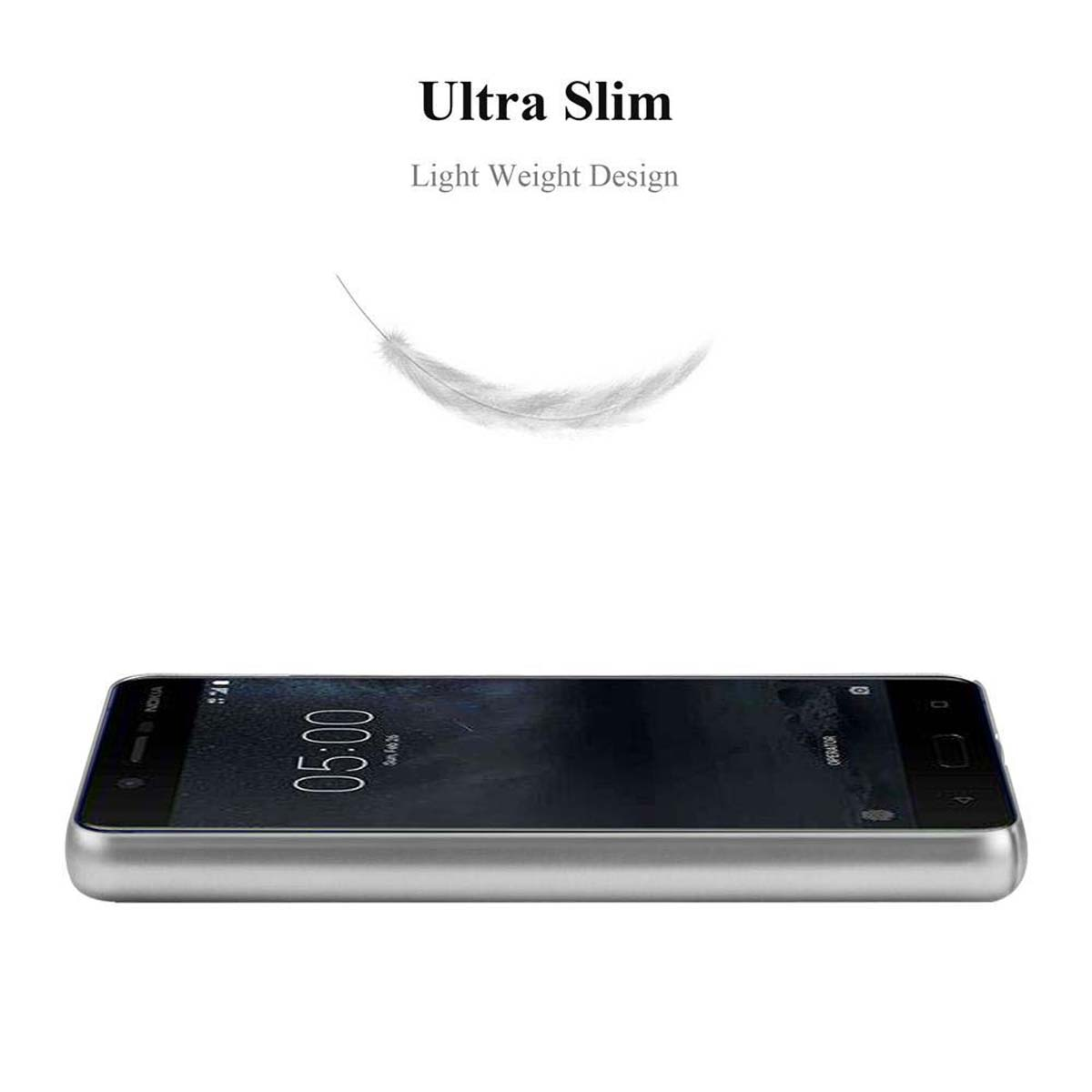 Un telefono nero disteso, con una piuma che fluttua sopra e il testo 'Ultra Slim'.