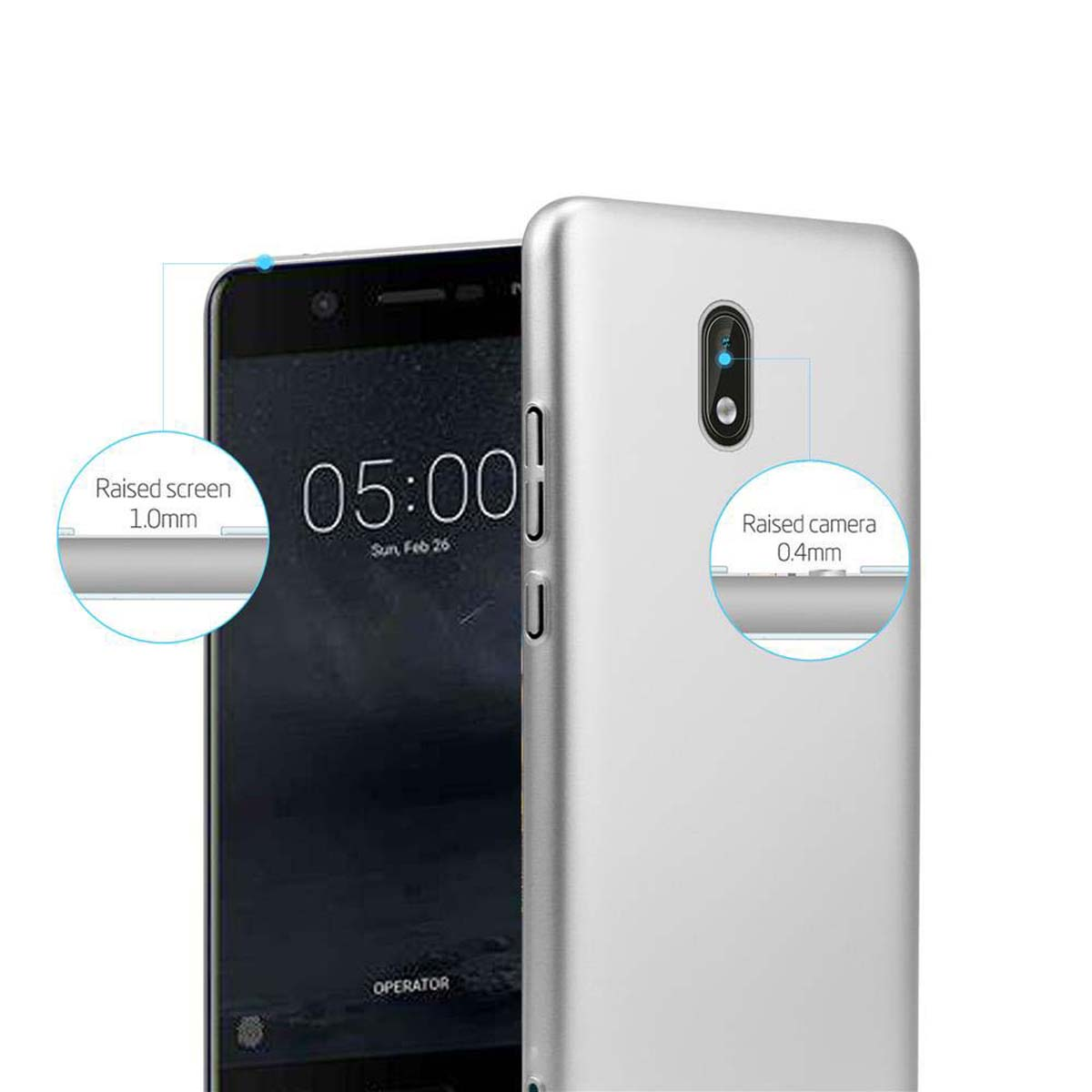 Una custodia argentata con un telefono nero all'interno. La custodia ha uno schermo e una fotocamera rialzati per la protezione.