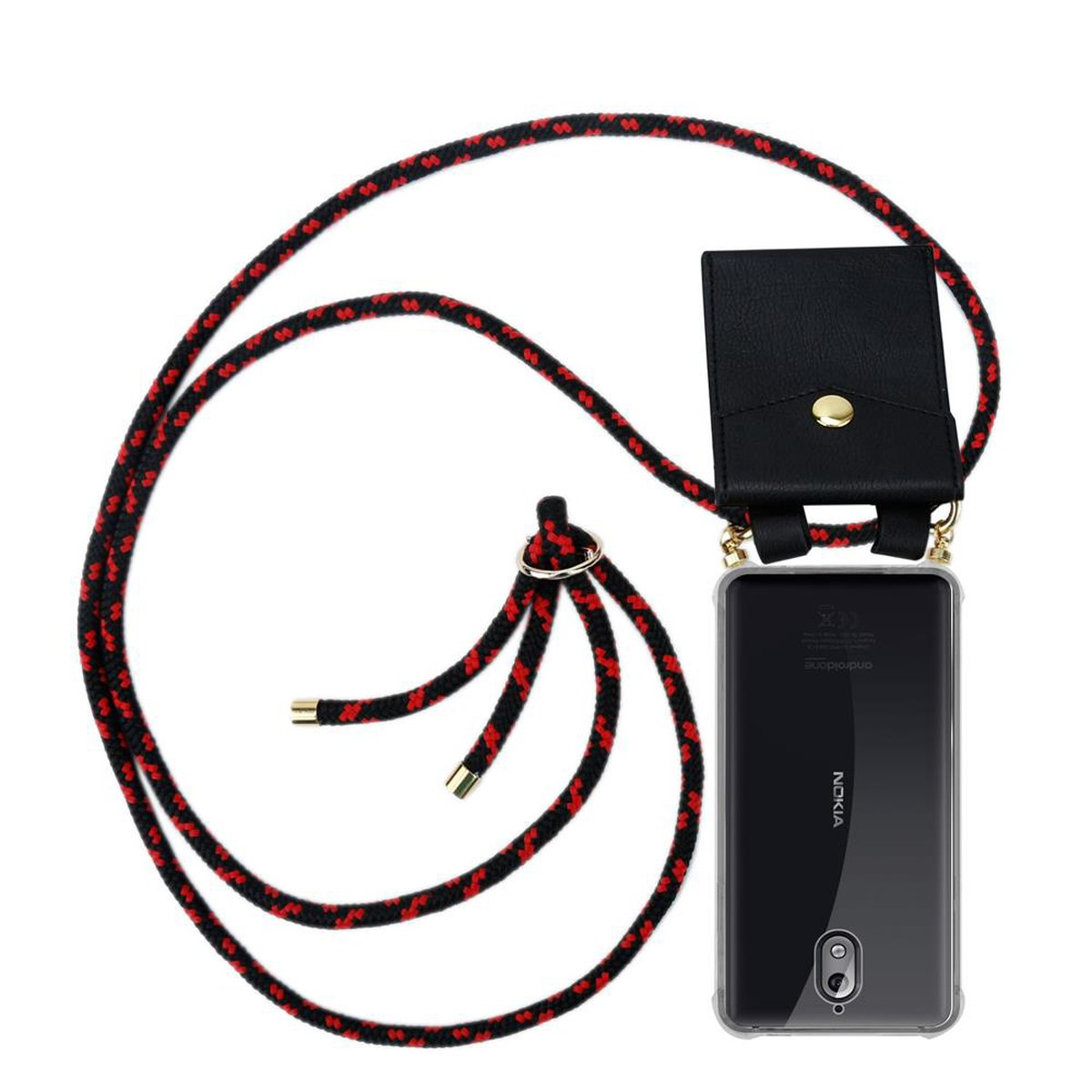 Handyhülle mit rot-schwarzem Seil. Schwarze Handyhülle und schwarzes Lederetui mit goldenem Knopf.